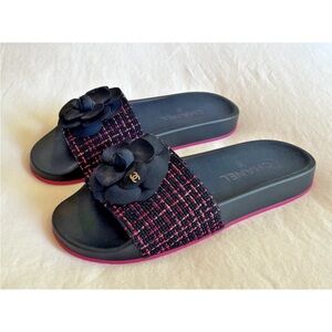 CHANEL Black and Pink Floral Slide Sandals